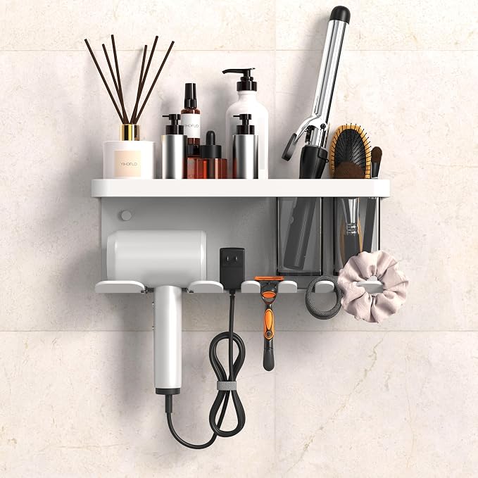 Hair Dryer Holder Wall Mounted Adhesive/Drilling, Hair Dryer Storage Organizer with Shelf & Hooks for Bathroom, Blow Dryer Holder, Hair Tool Organizer (White)