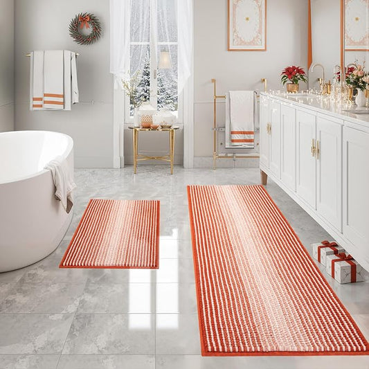 BSICPRO Fall Bathroom Rugs Sets 2 Piece, Non Slip Bath Mats, Sunset Orange | 20"x60" Plus 20"x32", Soft Absorbent Striped Chenille, Quick Dry Machine Washable, Shower Rug for Bathroom Bedroom Décor