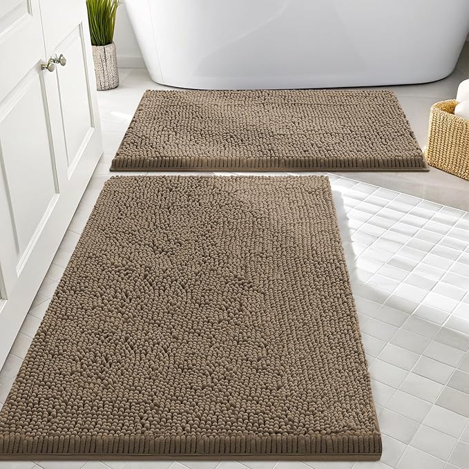 Smiry Chenille Bathroom Rugs Sets 2 Piece (30x20+24x16, Camel) | Soft Absorbent Machine Washable Non Slip Shaggy Bath Rug Set for Tub, Shower, and Floor, Home Decor