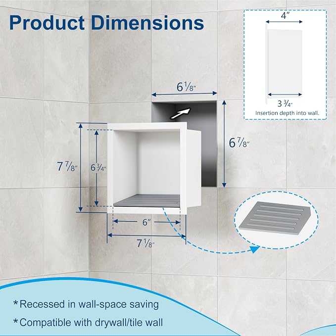 Neodrain Shower Foot Rest for Shaving Legs, 304 Stainless Steel Shower Niche, Recessed Shower Step for Shaving Legs,Niche for Shower Wall, Bathroom Foot Rest (White, 6.7" x 6")