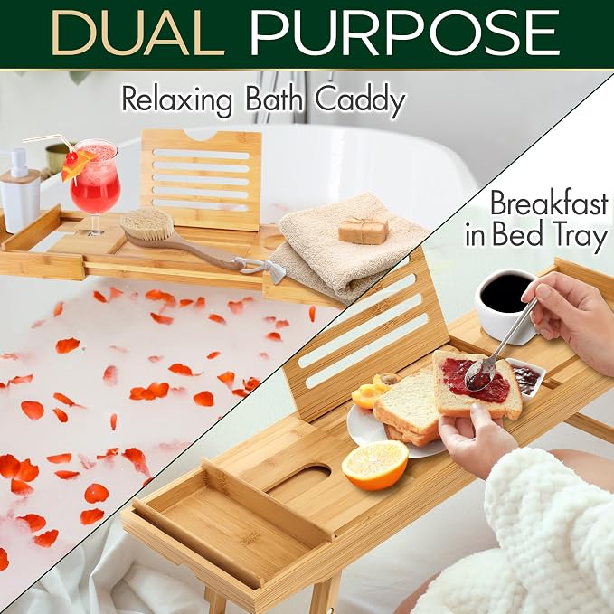 SereneLife Bath Caddy Breakfast Tray Combo, Natural Bamboo Wood Waterproof Bathtub Caddy and Bed Tray with Folding Slide-Out Arms, Spa Trays and Soap Box, Smartphone Holder