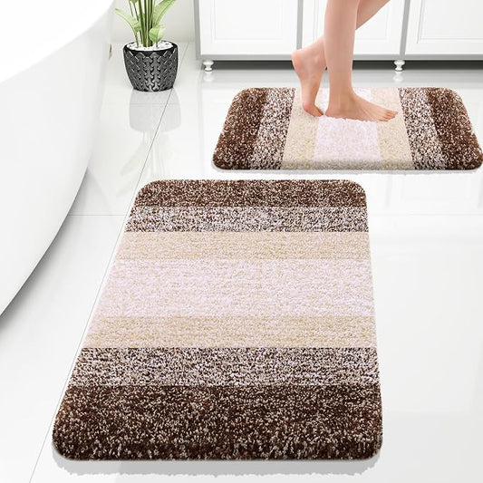 OLANLY Micorfiber Bathroom Rug Set 2 Piece, 30"x20"+24"x16" | Brown, Soft Absorbent Bath Rug Set, Non-Slip, Machine Wash Dry, Plush Shaggy Bath Mats for Bathroom