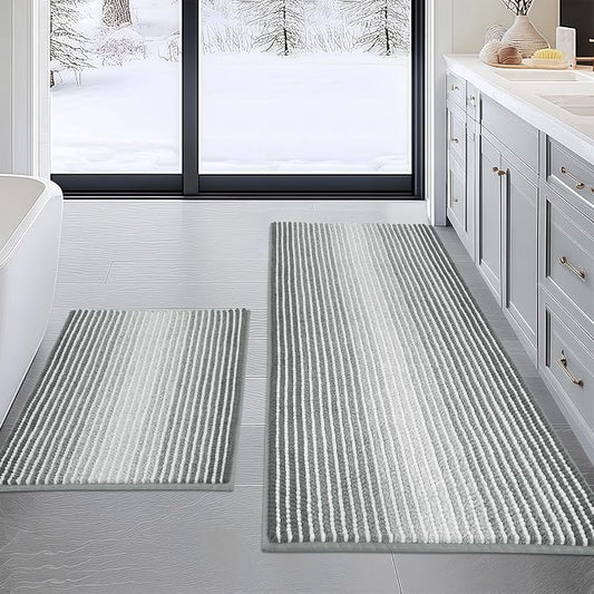Bathroom Rugs Sets 2 Piece, Non Slip Striped Bath Mats, Light Gray | 20"x47" Plus 20"x32", Soft Absorbent Chenille, Quick Dry Machine Washable, Shower Rug for Bathroom Floor, Tub, Bedroom Decor