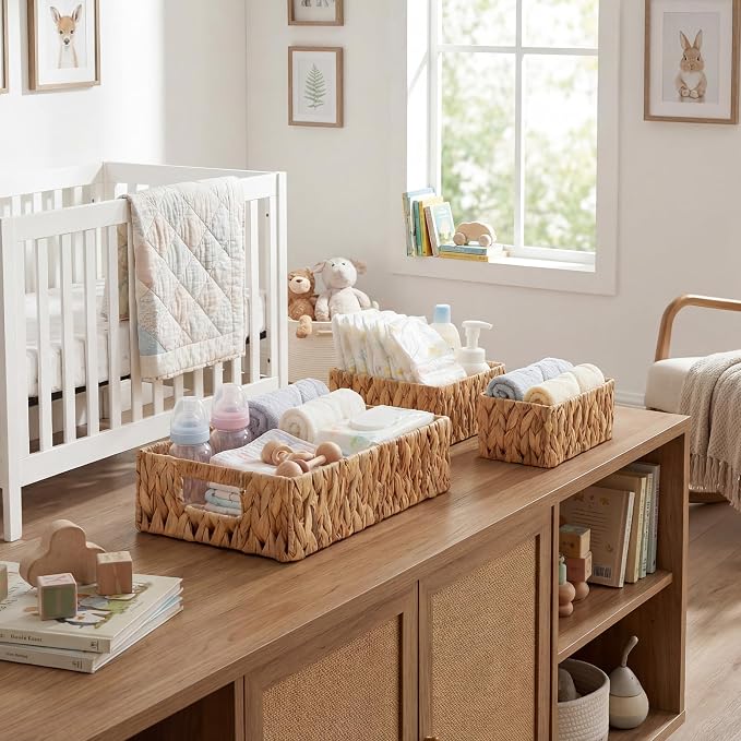GRANNY SAYS Wicker Baskets for Shelves 3 Pack, Large Wicker Storage Baskets with Handles, Water Hyacinth Woven Basket for Organizing