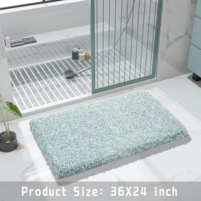 Yimobra Bathroom Rugs Non Slip Washable 36X24, Ultra Soft and Water Absorbent Bath Mats, Plush Fluffy Shower Mat Outside, Luxury Microfiber Thick Matts for Bathroom Floor/Tub, Sky Light Blue and White