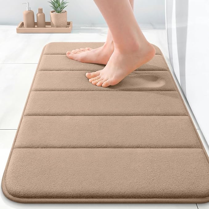 OLANLY Memory Foam Bath Mat 24x16, Super Soft and Absorbent Bathroom Rugs | Tan, Quick Dry Bath Rug, Machine Washable Shower Floor Mats, Bathmat Carpet for Bathroom Floor, Tub and Shower