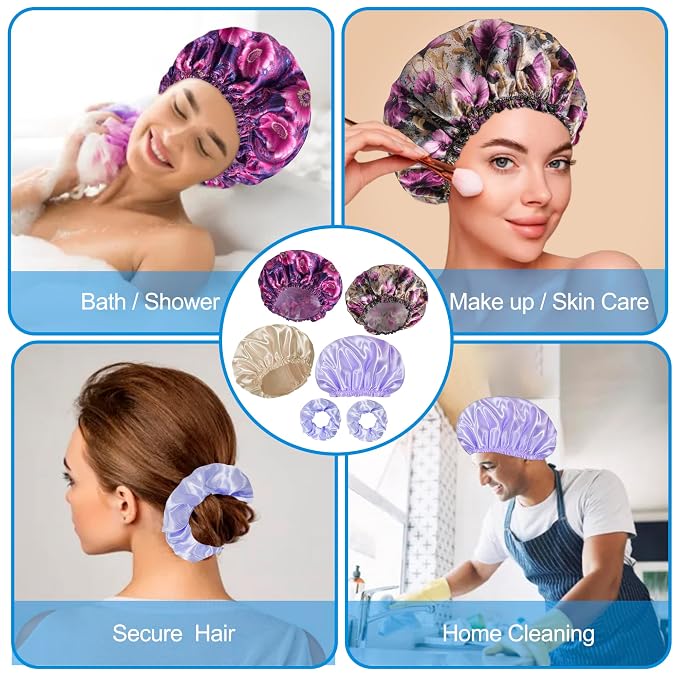 Shower Cap for Women Set of 4, Reusable Bath Caps + 2 Satin Hair Scrunchies | Double Layers, Waterproof Hair Caps, for Bath Accessories, Spa, Travel Home - Pattern C