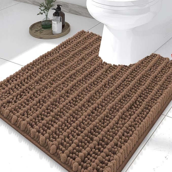 Smiry Bathroom Toilet Rugs U Shaped 24X20, Chenille Bath mats for Toilet | Mocha Extra Soft Absorbent Non Slip Rubber Backing Contour Bath Rugs for Toilet, Machine Washable Contoured Bath Mats