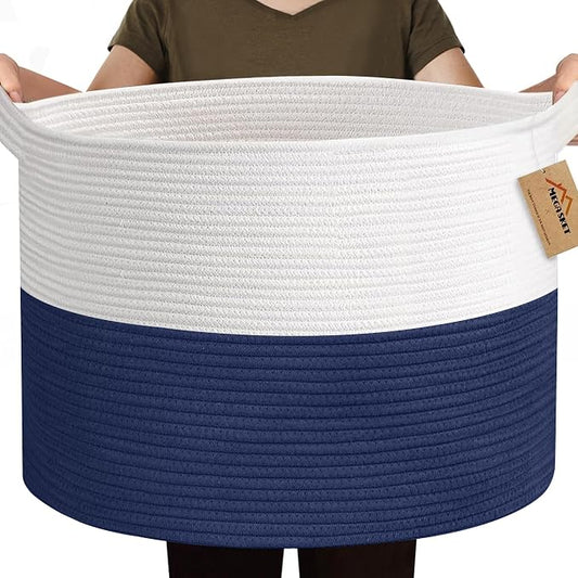 MEGASKET 115L Super Large Blanket Basket, Cotton Rope Woven Bin for Toy, Clothes, Laundry, Shoes, Toy Box for Living Room, Oversized Organizer, XXXL Jumbo Basket for Blankets, 23.6"x15.7", Navy Blue