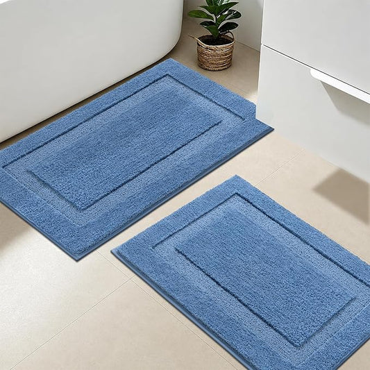 SHACOS Soft Microfiber Bathroom Rugs Set of 2 Pieces, Blue | 32x20 + 24x16, Absorbent Plush Bath Rugs, Non Slip Washable Shaggy Bath Mats, Fluffy Bathroom Runner Floor Mats Shower Rug