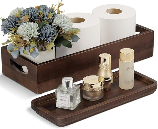 DEMIGO Toilet Tank Topper & Vanity Tray, Acacia Wood Decor Set, Dark Brown | 2-Pack Storage Tray, Handmade Wooden Tank Basket Cover for Bathroom, Kitchen, Home & Spa, Smooth Durable Artisan
