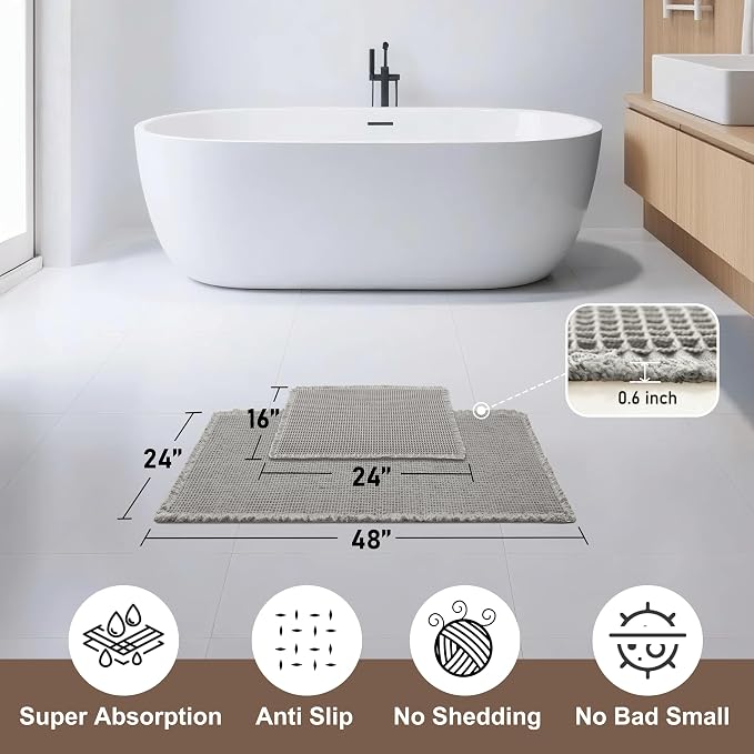 JIUZHEN Set of 2 Waffle Bathroom Rugs Non Slip Bath Mats 16"x24"+24"x48" | Grey, Boho, Super Absorbent, Washable, Ultra Soft, Fast Drying Bath Rug and Bathroom Runner for Kitchen Hallway Laundry