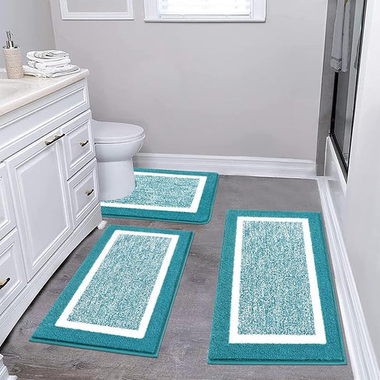 Pauwer 3 Piece Bathroom Rug Set, Non Slip Washable Bath Mat, Aqua Blue | Soft Plush Microfiber, Super Absorbent Floor Carpet, U Shaped Toilet Mats, Quick Dry, Shaggy Shower Rugs Runners