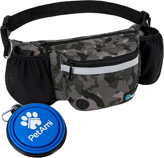 PetAmi Dog Fanny Pack, Treat Pouch for Dog Walking Training, Camo Black | Built in Poop Bag Dispenser, Water Bottle Holder, Collapsible Bowl, Pet Treat Waist Belt for Hiking Running Kibbles