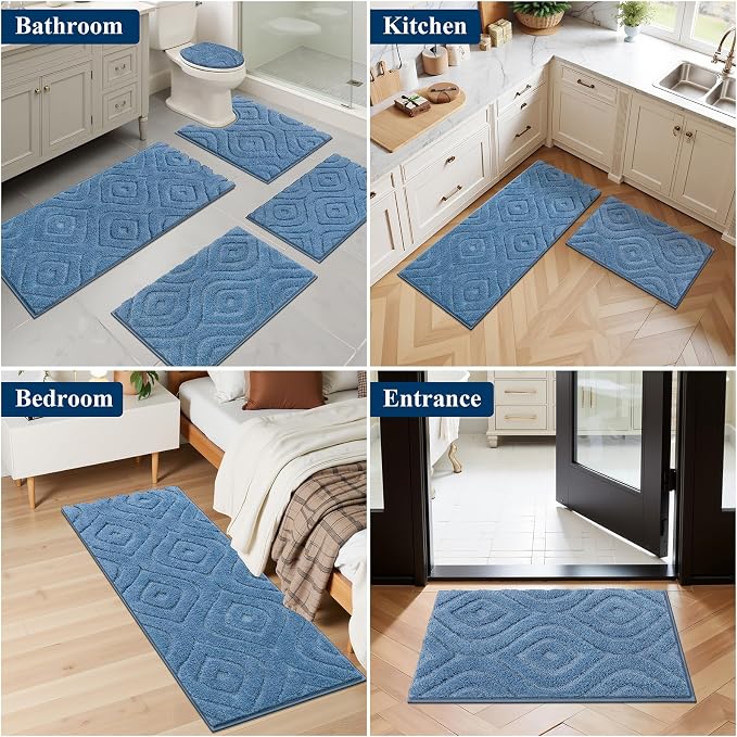 Ileading Bathroom Rugs Sets 5 Piece, Non Slip Washable Bath Mat Set | Absorbent Plush Microfiber Bathroom Mat Set with Toilet Cover, Bath Runner and U-Shaped Contour Rug for Tub, Shower, Blue