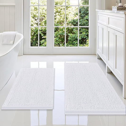 Smiry Chenille Bathroom Rugs Sets 2 Piece (36x24+30x20, White) | Soft Absorbent Machine Washable Non Slip Shaggy Bath Rug Set for Tub, Shower, and Floor, Home Decor