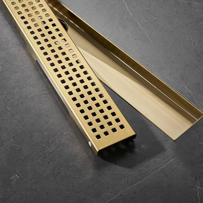 AVSIILE Linear Shower Floor Drain, Brushed Gold 48 Inch 304 Stainless Steel Bathroom Drains Kit, Long Rectangular Shower Trench Drain with Square Pattern Drain Cover & Hair Catcher