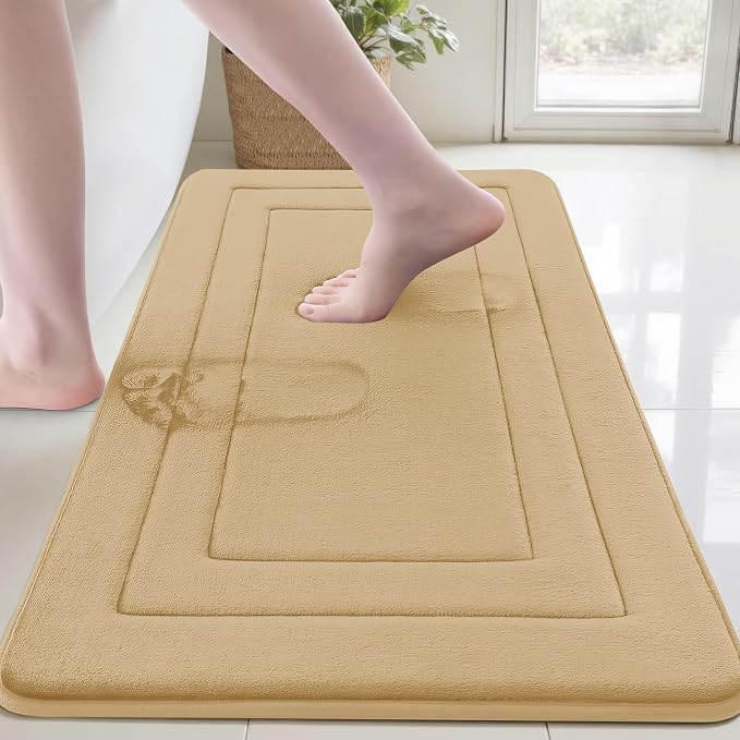 Cupic Cupid Super Soft Memory Foam Bath Mats for Bathroom Floor Shower & Tub, Beige Bathroom Rugs Non Slip Washable, Water Absorbent Bath Rugs, Quick Dry Bath Carpet for Decor 24" x 36"