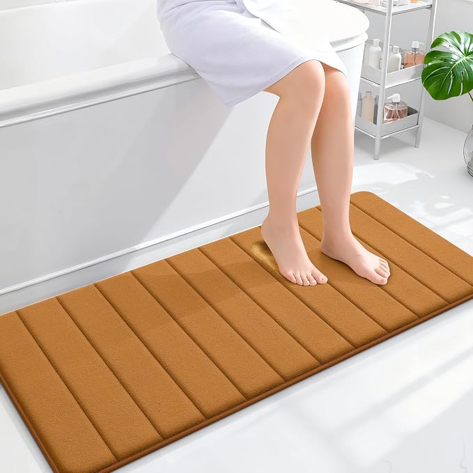 OLANLY Memory Foam Long Bathroom Rugs Runner 47x20, Super Soft Absorbent | Ochre, Quick Dry Bath Mat, Machine Washable Shower Floor Rugs, Bathmat Carpet for Bathroom Floor, Tub and Shower