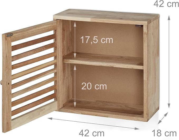Relaxdays Wall Cabinet, 2 Levels, Door with Magnetic Lock, Narrow Wooden Storage, Bathroom, Kitchen, 42x42x18cm, Natural