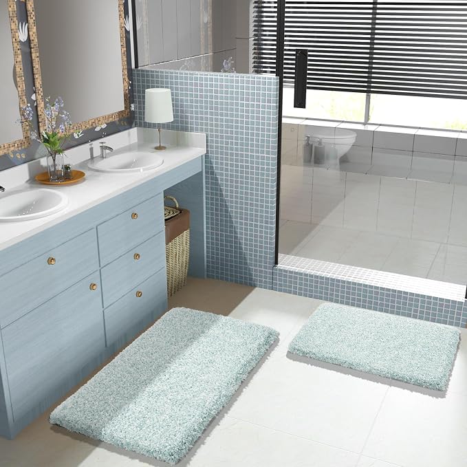 Yimobra Bathroom Rugs Sets 2 Piece, 32x20+24x17, Sky Light Blue & White | Soft Absorbent Microfiber Bath Mat Set, Non Slip, Machine Washable Quick Dry, Plush Shaggy Shower Rugs for Bathroom Floor