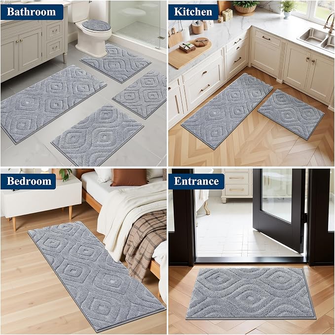 Ileading Bathroom Rugs Sets 5 Piece, Non Slip Washable Bath Mat Set | Absorbent Plush Microfiber Bathroom Mat Set with Toilet Cover, Bath Runner and U-Shaped Contour Rug for Tub, Shower, Grey