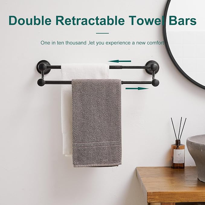 Hoimpro Adjustable Retractable 15-27 Inches Stainless Steel Bathroom Towel Bar, Bathroom Accessories Bath Hotel Double Towel Bar Rod Hanger Wall Mounted Towel Holder Towel Rack, Oil Rubbed Bronze