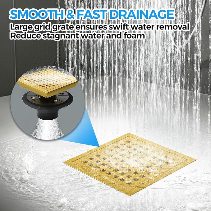 zaa 6 Inch Square Shower Drain, Bathroom Floor Drain, 304 Stainless Steel Shower Floor Drain Kit with Flange, Removable Shower Drain Grate with Hair Strainer, Gold