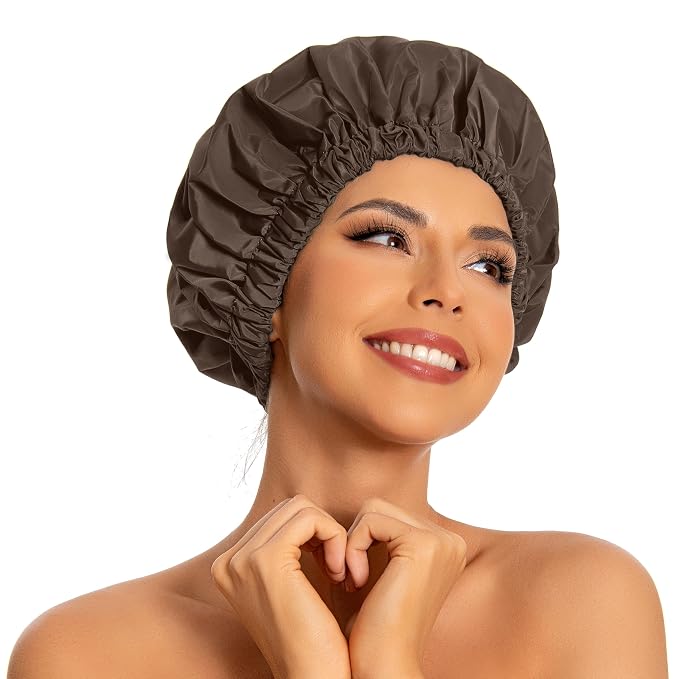 Edoneery Shower Caps for Women Reusable Waterproof, Shower Hair Cap | Washable Bonnet, Wide Elastic Band, Large Fit, Holds Long Hair, Braids Friendly, Bath Accessories, Spa, Travel