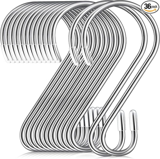 Hotop 36 Pcs S Hooks for Hanging 3.15 Inch Heavy Duty S Shaped Stainless Steel Hook Metal Hanging Curtain Hooks Pan Pot Holder Rack for Pot, Pan, Cups, Plants, Bags, Jeans, Towels(Silver)