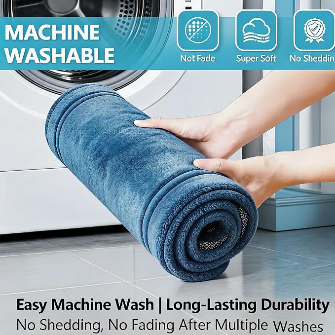 Bathroom Rugs Set 3 Piece Memory Foam, Bordered Toilet Rug, Dusty Blue | Coastal & Farmhouse Decor — Soft Dusty Blue bath mats, absorbent and washable, with a U-shaped toilet mat.