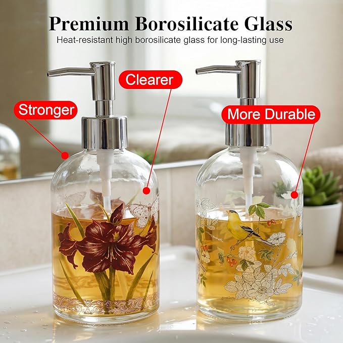 Topadorn Hand and Dish Soap Dispenser Set, 2 Pack 17oz Glass Soap Dispensers with Pump, Refillable Kitchen Soap Bottles, Vintage Floral & Goldfinch Bathroom Counter Decor