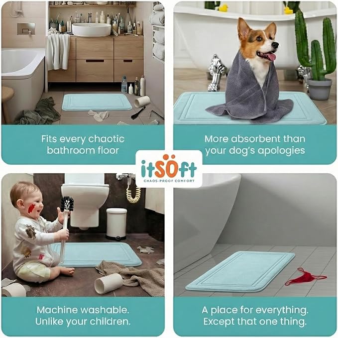 ITSOFT Memory Foam Bath Mat 24x16, Non Slip, Machine Washable, Quick Dry & Absorbent Rugs, Bath Mats for Bathroom Floor, Tub & Shower, Bathroom Rug, Spa Blue