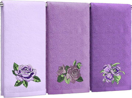 3 Pcs Purple Rose Hand Towels Lavender Purple Bathroom Decor | Embroidered Purple Rose Design, 100% Cotton, Farmhouse Bathroom Kitchen Decor, Absorbent Towels, Holiday Housewarming Gifts