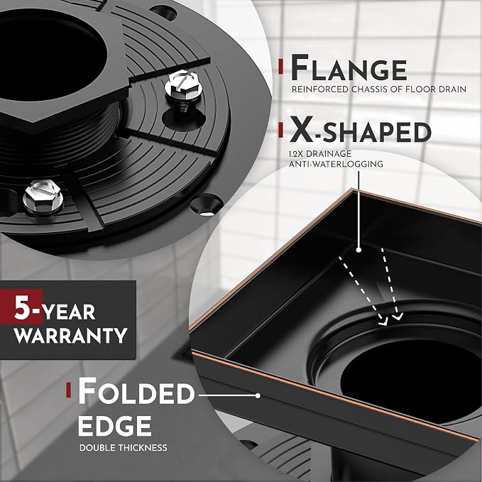 WEBANG 6 Inch Square Shower Drain Bronze Floor Drain with Flange Square Holes Pattern Cover Grate Removable SUS304 Stainless Steel Watermark&CUPC Certified Oil Rubbed Bronze