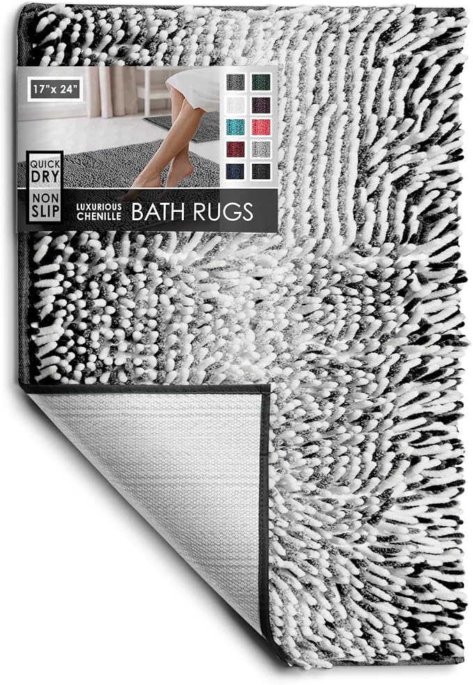Hearth & Harbor Bathroom Rugs, Chenille Bath Mat - Machine Washable Bath Mats for Bathroom Non-Slip Backing Rubber, Quick Dry Bathroom Mat, 17 x 24 - Ombre Black