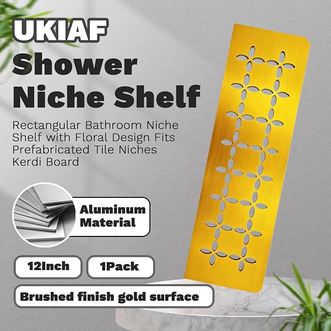 Brushed Orange-Gold Aluminum Material Shower Niche Shelf 12 Inch Rectangular Bathroom Niche Shelf with Floral Design Fits Prefabricated Tile Niches