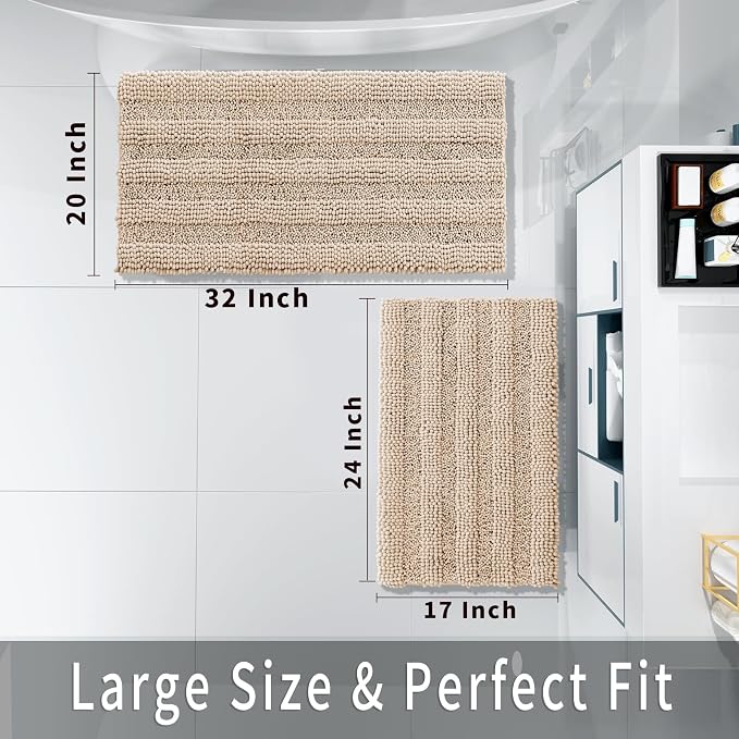Yimobra Bathroom Rug Set 2 Piece, Absorbent Chenille, 32x20+24x17, Beige | Non Slip Machine Washable Quick Dry Bath Mat Set, Soft Plush Shower Rugs for Bathroom Floor Sink Tub and Shower Outside