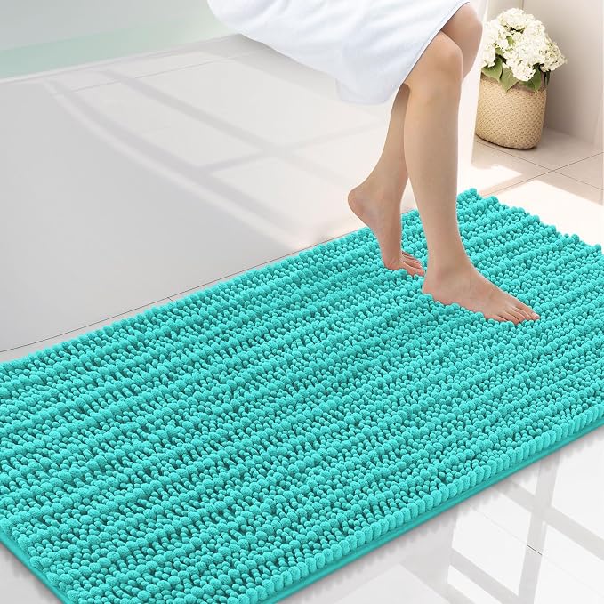 Smiry Bathroom Rugs 44X24, Extra Soft Rubber Backing Chenille Bath Mats | Turquoise Machine Washable Non Slip Quick Dry Bath Mats for Bathroom Floor, Tub, Shower, Home Decor Accessories