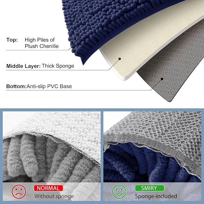Smiry Chenille Bathroom Rugs Sets 2 Piece (36x24+24x16, Navy Blue) | Soft Absorbent Machine Washable Non Slip Shaggy Bath Rug Set for Tub, Shower, and Floor, Home Decor