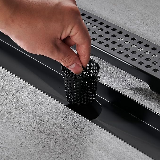 AVSIILE Linear Shower Floor Drain, Matte Black 54 Inch 304 Stainless Steel Bathroom Drains Kit, Long Rectangular Shower Trench Drain with Square Pattern Drain Cover & Hair Catcher