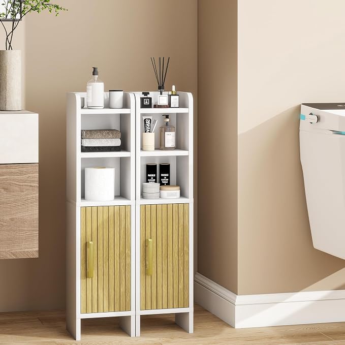 Bathroom Storage Cabinet, Small Corner Floor Cabinet with Fluted Door Narrow Toilet Paper Cabinet with Adjustable Shelves Wooden Slim Bathroom Organizers and Storage for Small Spaces, White