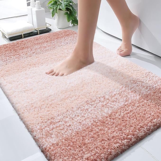 OLANLY Small Bathroom Rugs 35x16, Extra Soft Absorbent Microfiber Bath Rugs | Peach, Non-Slip Quick-Drying Rubber Backing, Washable Plush Bath Mat for Floor, Tub and Shower, Home Decor Accessories
