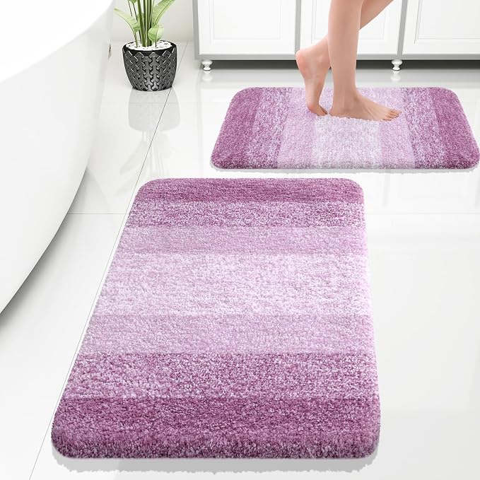 OLANLY Micorfiber Bathroom Rug Set 2 Piece, 30"x20"+24"x16" | Pinkish-Purple, Soft Absorbent Bath Rug Set, Non-Slip, Machine Wash Dry, Plush Shaggy Bath Mats for Bathroom