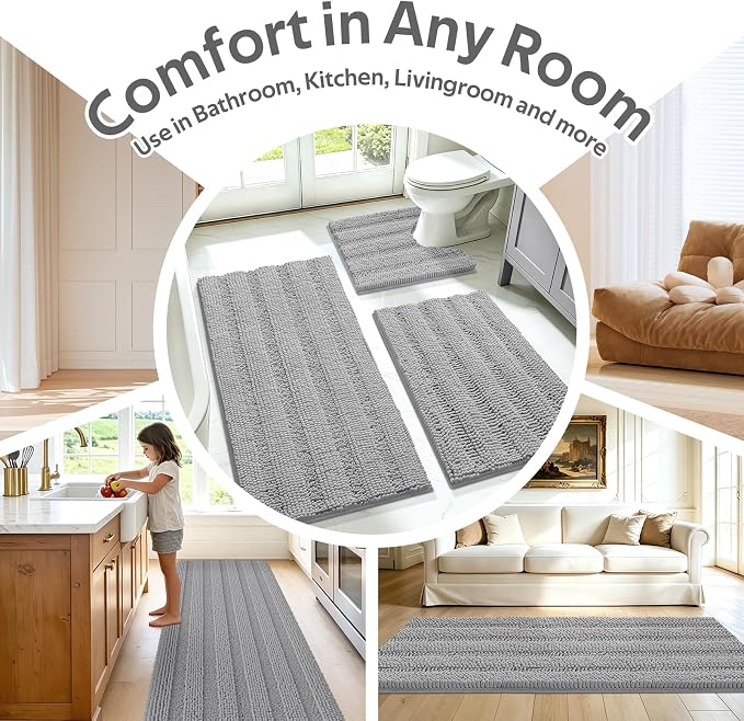 Striped Light Grey Bathroom Rug Mat Set 2 piece 32"x20"+24"x17" Ultra Soft, Non Slip Chenille Bath Rugs, Absorbent Plush Shaggy Bath Mats for Bathroom, Bedroom, Kitchen, Shower, Tub,Light Gray