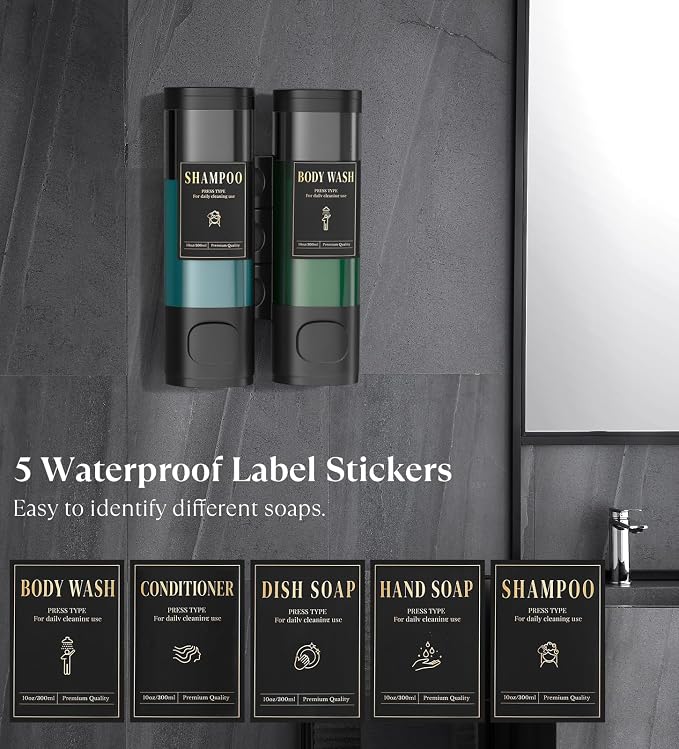 Luxspire Shampoo and Conditioner Dispenser, Shower Soap Dispenser 2-Chamber | Lockable Large Capacity 600ml No-Drill Wall-Mounted Shampoo and Body Wash Dispenser for Bathroom Hotel Kitchen Airbnb