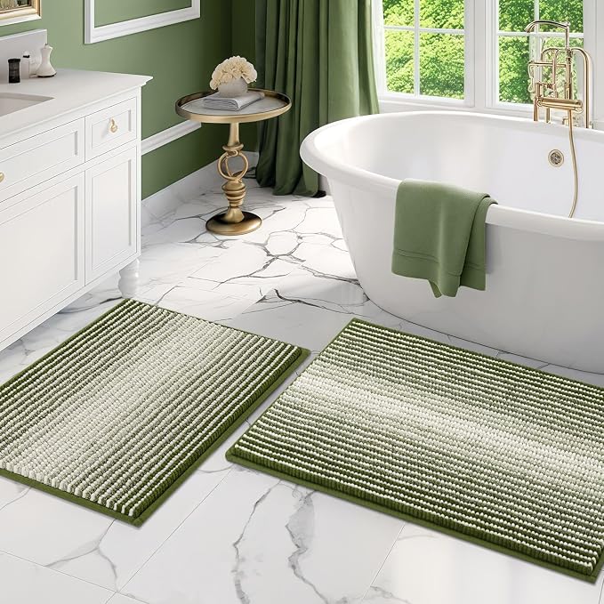 Bathroom Rugs Sets 2 Piece, Non Slip Striped Bath Mats, Sage | 20"x32" Plus 16"x24", Soft Absorbent Chenille, Quick Dry Machine Washable, Shower Rug for Bathroom Floor, Tub, Bedroom Decor