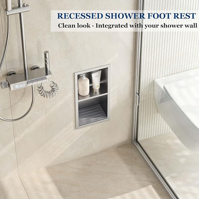 Neodrain Shower Foot Rest for Shaving Legs, 304 Stainless Steel Shower Niche, Recessed Shower Step for Shaving Legs,Niche for Shower Wall, Bathroom Foot Rest (Brushed, 12.3"x 6")