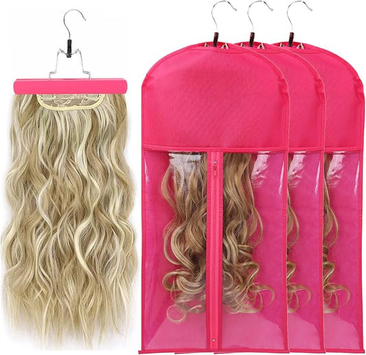 Professional Hair Organizer Bags with Hanger - 3 Pack Protective Cases for Multiple Wigs Extensions Hairpieces Holder Rose Pink Travel Carry Pouch Salon