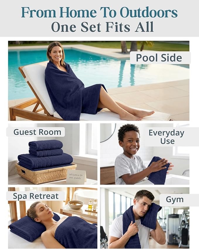 Casa Platino Bath Towel Set 100% Cotton 24 Piece Soft Absorbent - Navy | Bath Towel Sets For Bathroom - Densely Woven, Coordinated Colors, Dobby Border Accent, OEKO-TEX Certified, Ring-Spun Cotton